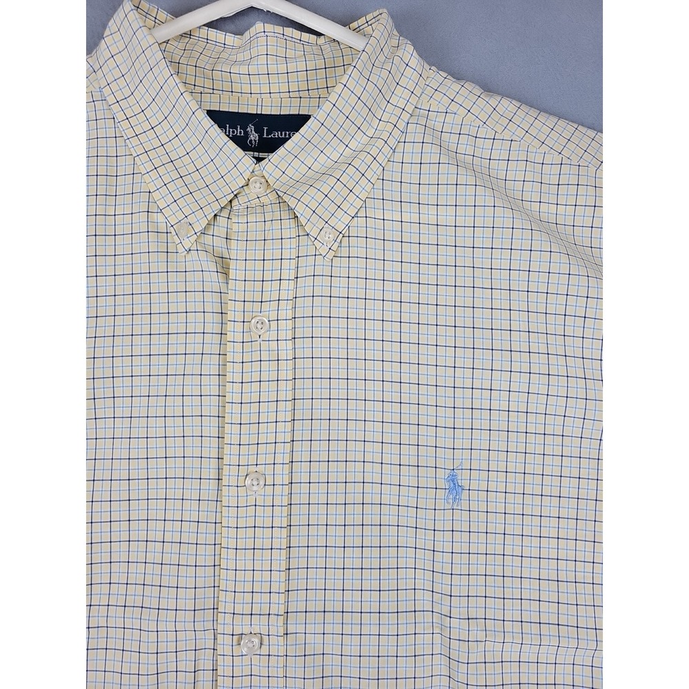 YTG Ralph Lauren Men's XXL Classic Fit Yellow Blue Plaid Shirt Short Sleeve Pony